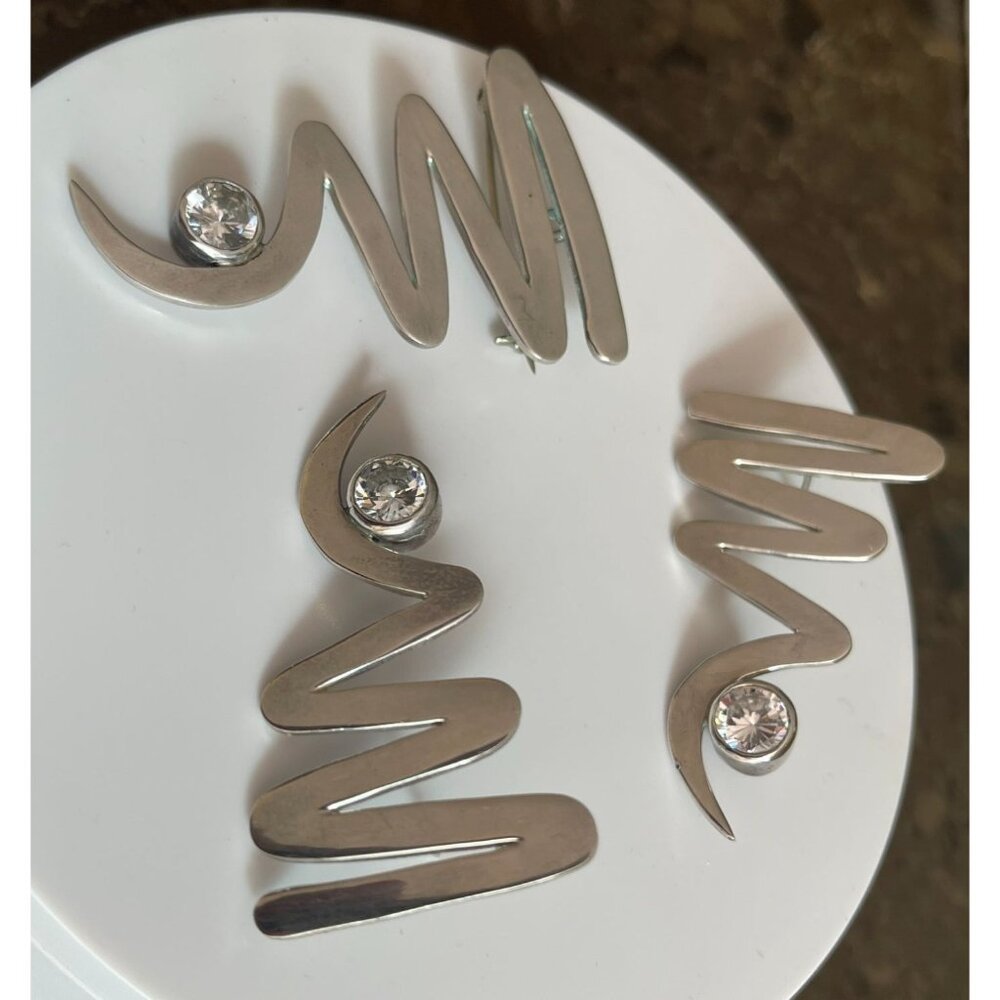 Vtg 925 Silver Taxco Mexico Pin Pendant Matching Earrings Clear Faceted Accents